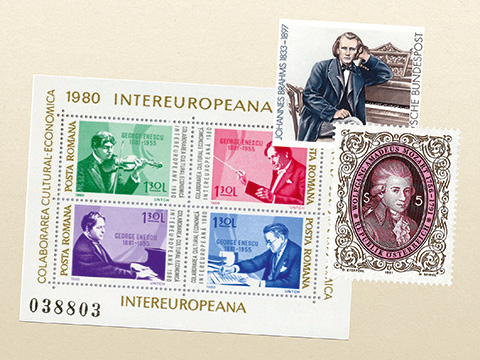 This is a picture of stamps featuring Enescu, Brahms and Mozart